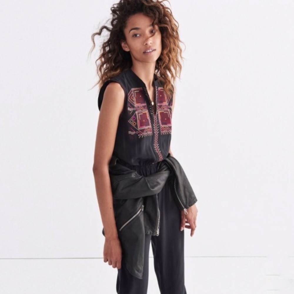 Madewell Folkway Black Silk Embroidered Jumpsuit